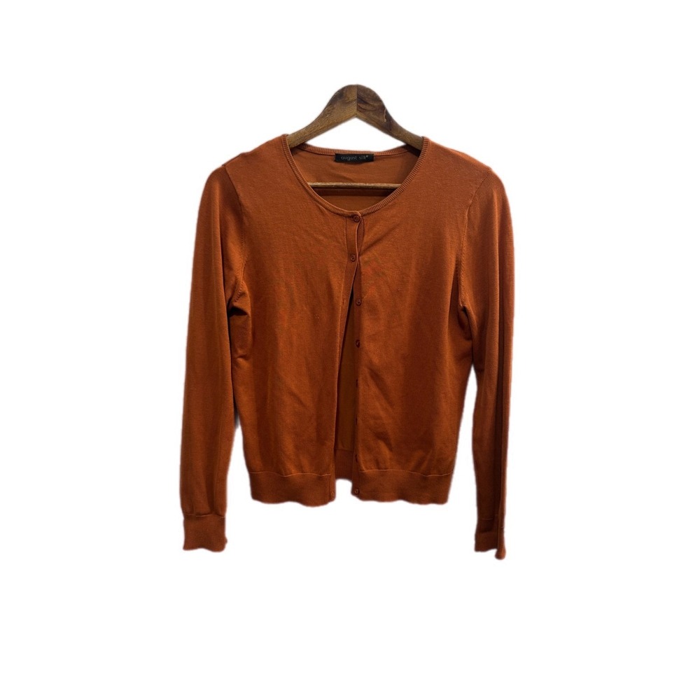 August Silk Cardigan Womens Small Burnt Orange Good Crew Neck Long Sleeve Knit
